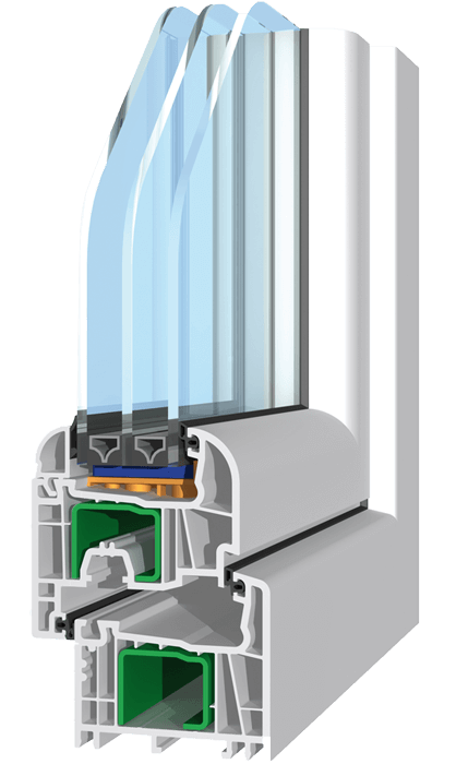 Corte transversal de perfil PVC multicámara con vidrio doble